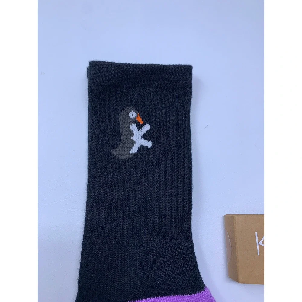 Kikko Socks Unisex Medium Black Purple Penguin Athlete Crew Socks NWT